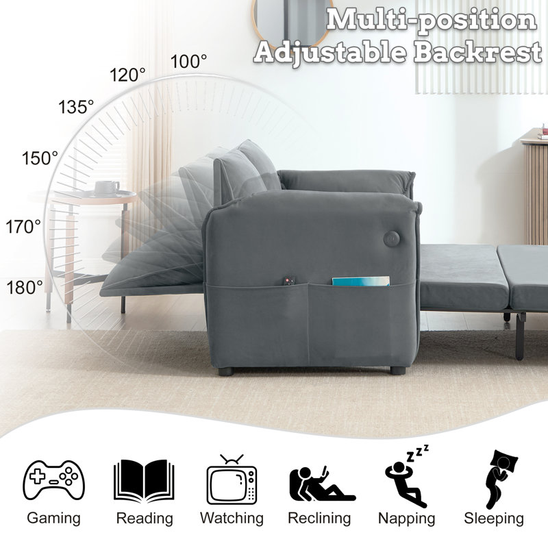3-in-1 Convertible Sofa Bed with Adjustable Backrest, USB Charger & Side Pockets, Light Gray