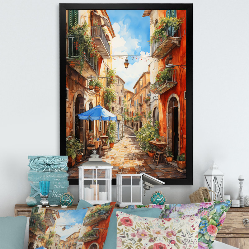 «Italian Village Essence 1», art mural Italie, H 32 po x l 16 po x P 1 po, Cadre photo noir