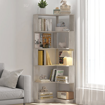 6 Tier Freestanding L-Shaped Corner Bookshelf For Living Room, Bedroom, Wooden Bookcase With Anti-Drop Panle And Anti Tipping Device, Display Shelf Open Storage Rack Organizer For Home Office