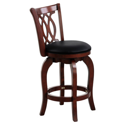 Solid Wood Counter Height Chair With Dark Cherry Varnish And Faux Leather Covering Finish Footrest