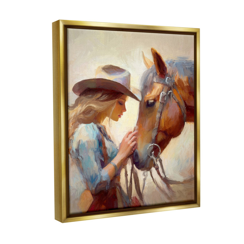 «Country Girl & Horse» par Ramona Murdock sur, Cadre flottant métallique doré, H 21 po x l 17 po