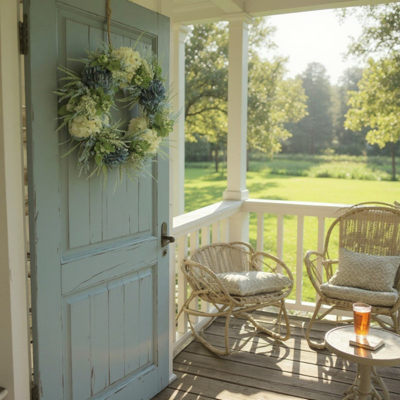 Couronne d'hortensia bleue et blanche avec bruyère et baies