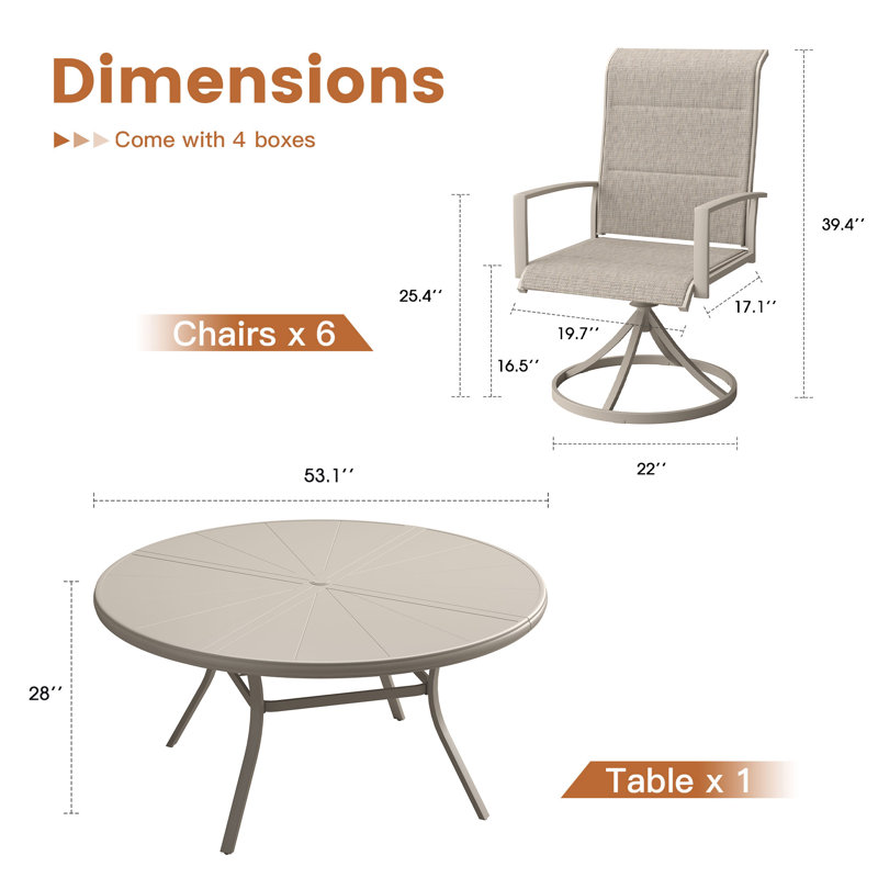 Round Patio Dining Set with Padded Swivel Ergonomic Chairs, Cream/Sandshell