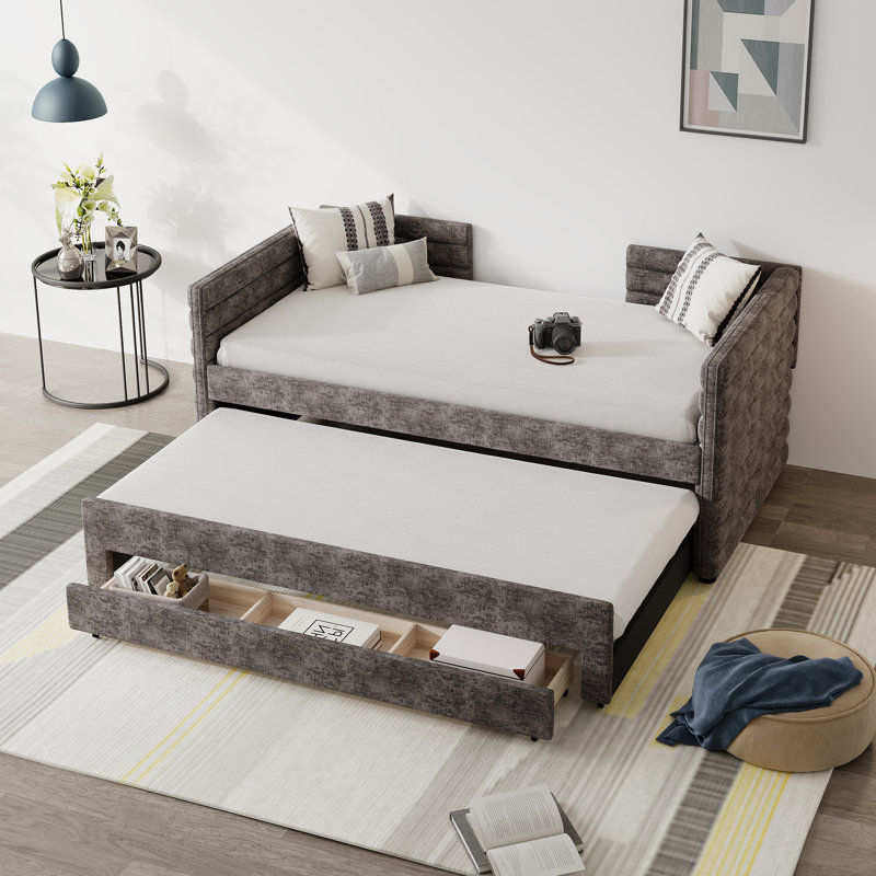 3 Drawers Upholstered Daybed With Trundle, Gray