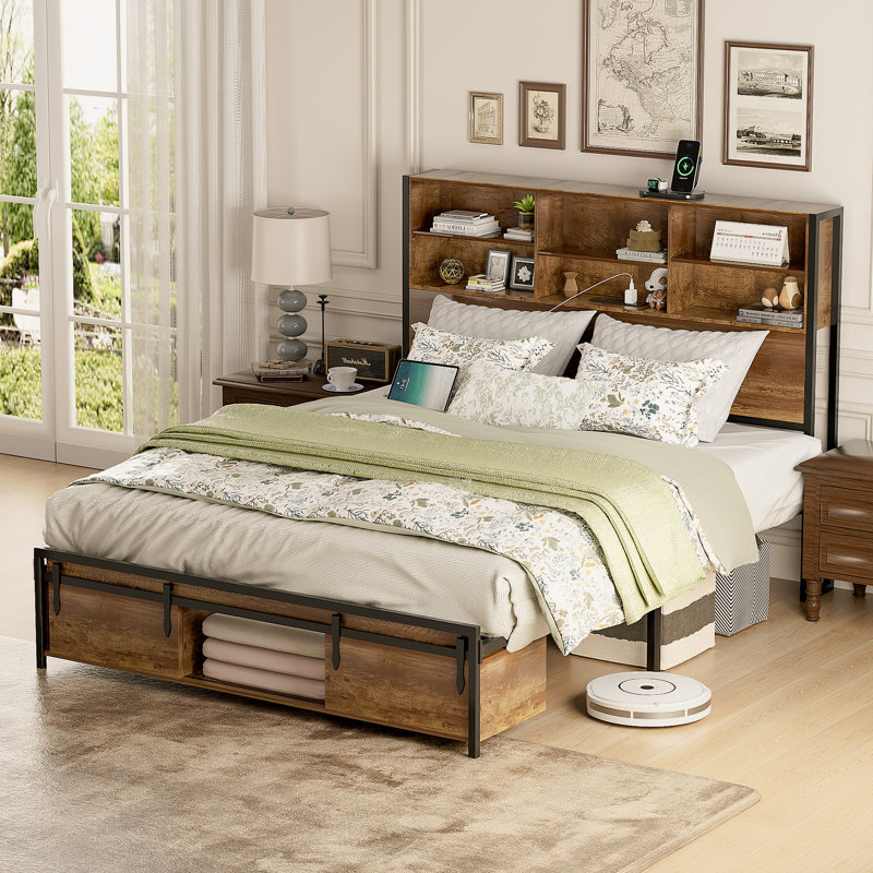 Bookcase Storage Bed, Bed Frame with Headboard and Sliding Barn Door Storage Cubbies, Full / Double