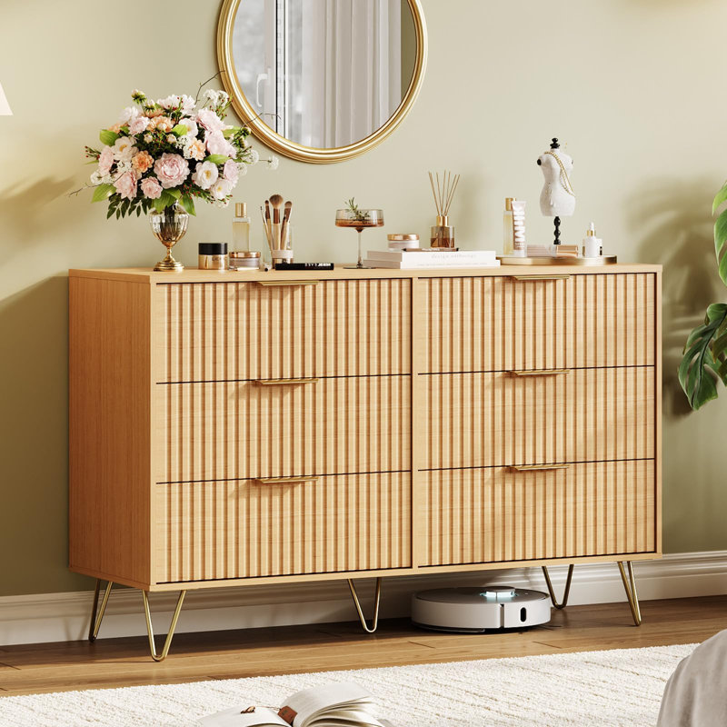 Fluted 6 Dresser Drawers for Bedroom, 47" Wood Storage Dresser & TV Stand with Metal Handles, Brown