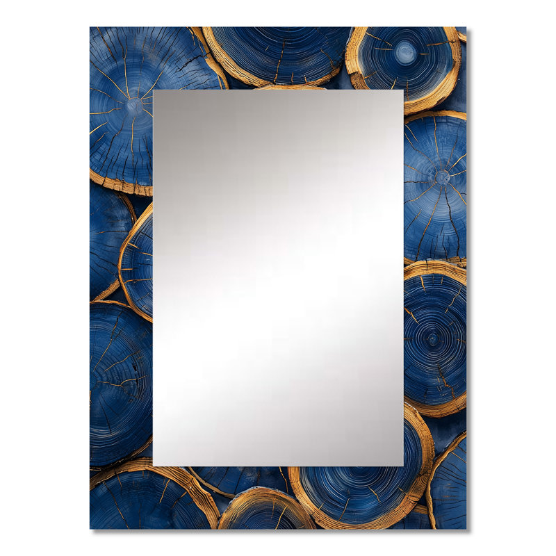 Mysteries Of Aqua Wood Slice II - Tree Decorative Mirror, Modern Wall Mirror, Printed Metal Art, 32" x 24"