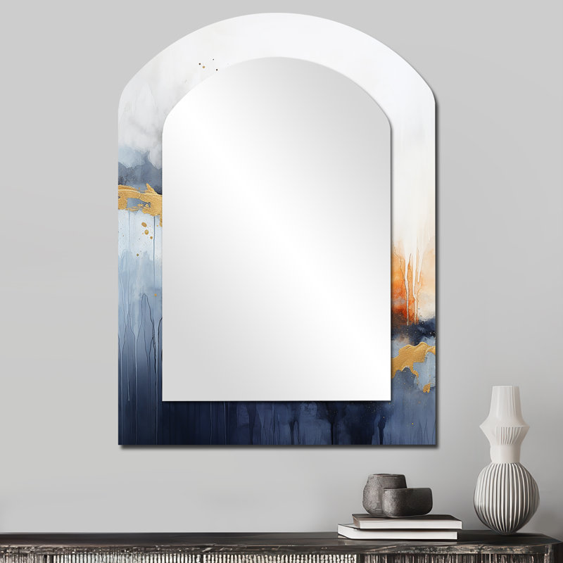 Blue and yellow fluid harmony painting I - Abstract Painting Asymmetrical Decorative Wall Mirror, Blue Arch Large Mirror, Printed Metal Art
