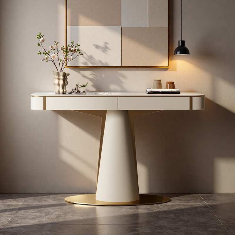Console de style italien simple de luxe, Doré / crème, H 33,5 po x l 63 po x P 13,8 po, Blanc