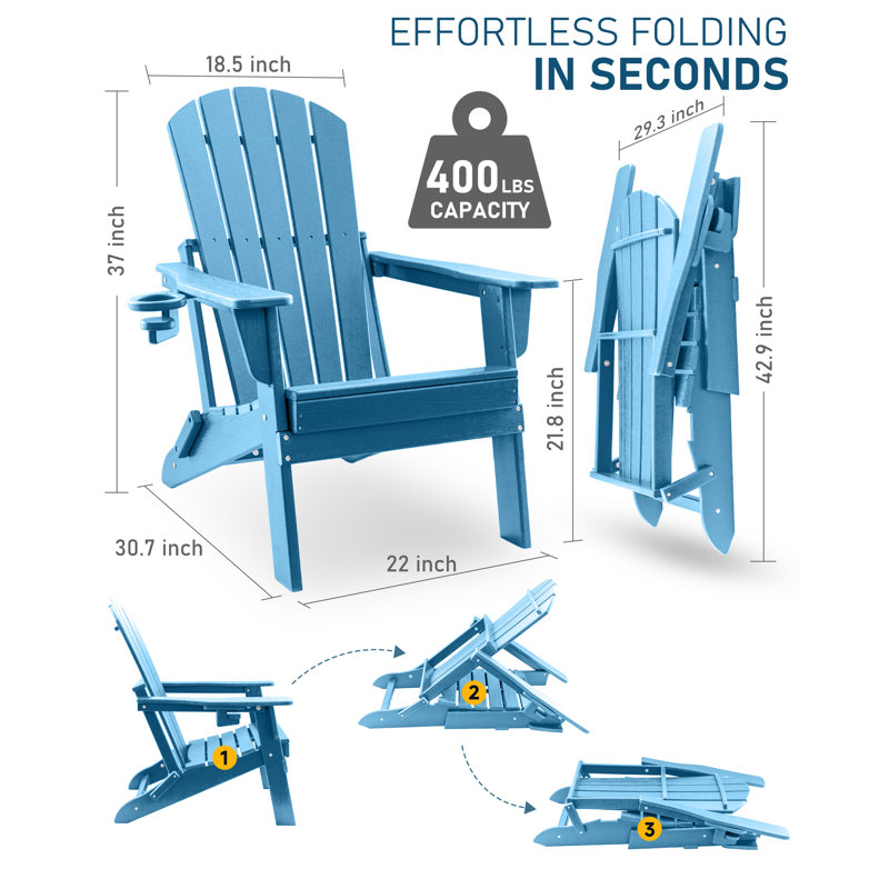 HDPE Folding Adirondack Chair With Cup Holder,Weather-Resistant, Low Maintenance,Supports Up To 400Lbs,Light Bluen,4 Pack