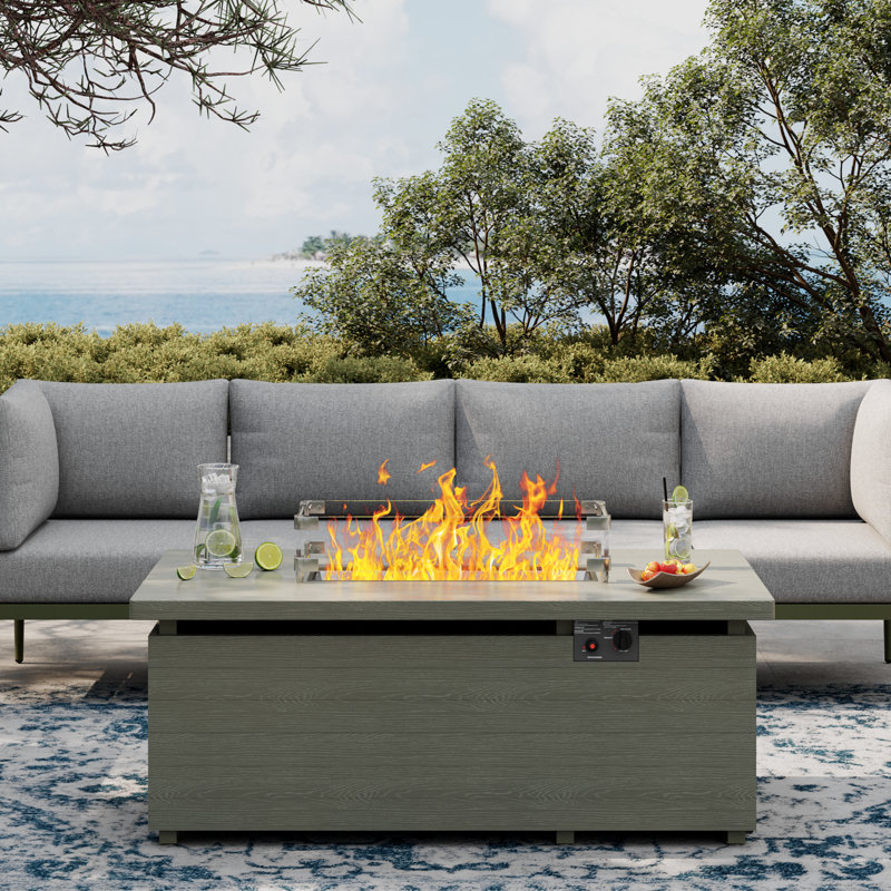Table de foyer d'extérieur au propane en métal H 51 po x l 21 po avec couvercle, cristaux, Champagne