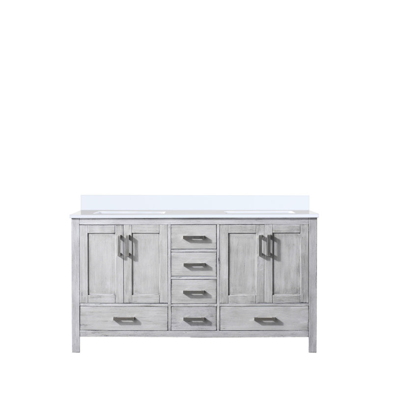 Gris 60 po Meuble-lavabo double avec plateau en marbre de culture. Bois massif. Mécanisme de fermeture en douceur. Deux armoires, six tiroirs et une tablette ouverte pour de nombreuses options de rangement. Surface de teinture à gratter. Pré-percé