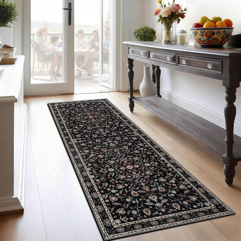 Floral Faux Fur 65cm X 180cm Area Rug, Black
