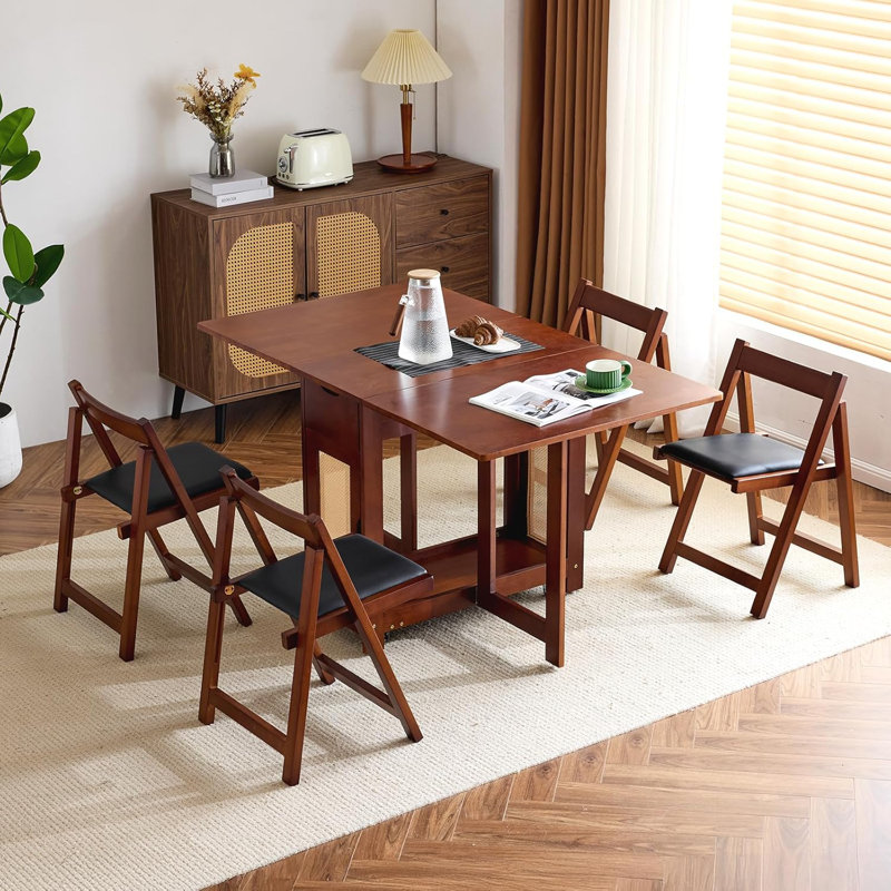 4-Person Walnut Wood Foldable Dining Set
