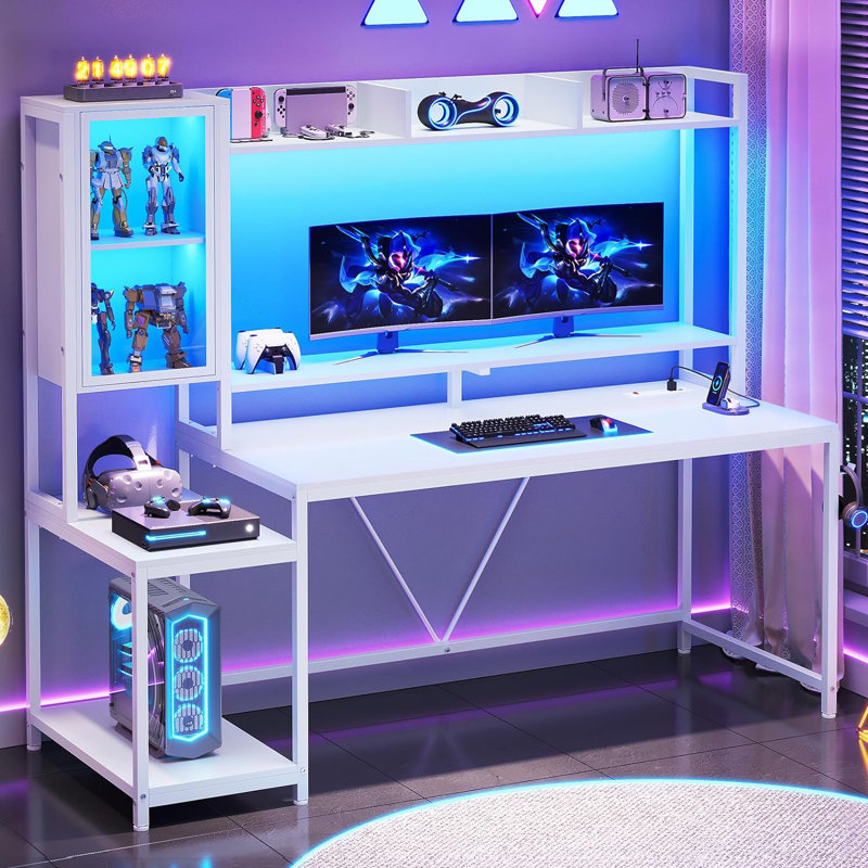 Gaming Desk With Led Lights & Power Outlets, Computer Desk With Hutch, Home Office Desk With Monitor Stand, Display Cabinet, Hooks & Cpu Stand