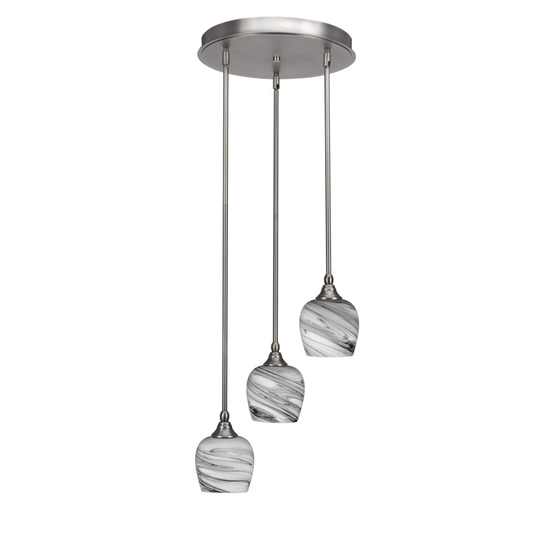 Luminaire suspendu suspendu en grappe à 3 lumières avec verre de marbre blanc Darcella, Nickel brossé, Tourbillon onyx