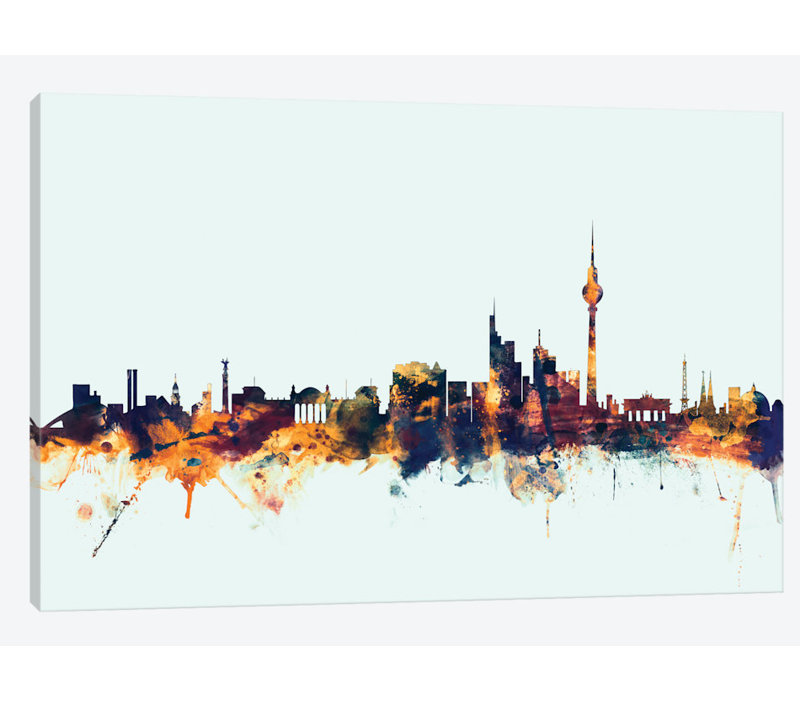Skyline Series: Berlin, Allemagne sur bleu, reproduction d'art sur toile tendue, H 26 po x l 40 po x P 1,5 po, Toile tendue