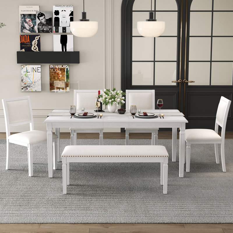 Vintage Extendable Dining Table Set for 6 with 4 Chairs & Bench, 59 to 72-Inch Rustic Farmhouse Kitchen Table Set with Distressed Finish and Retro Carved Legs