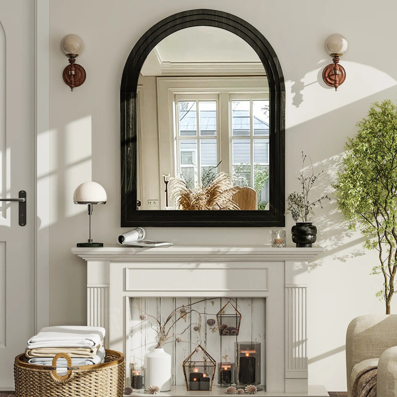Wood Framed Wall Mirror, 35.4" x 24", Brown Wood