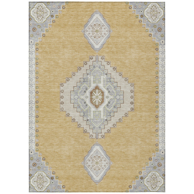 3' X 5' Gold Oriental Washable Indoor Outdoor Area Rug
