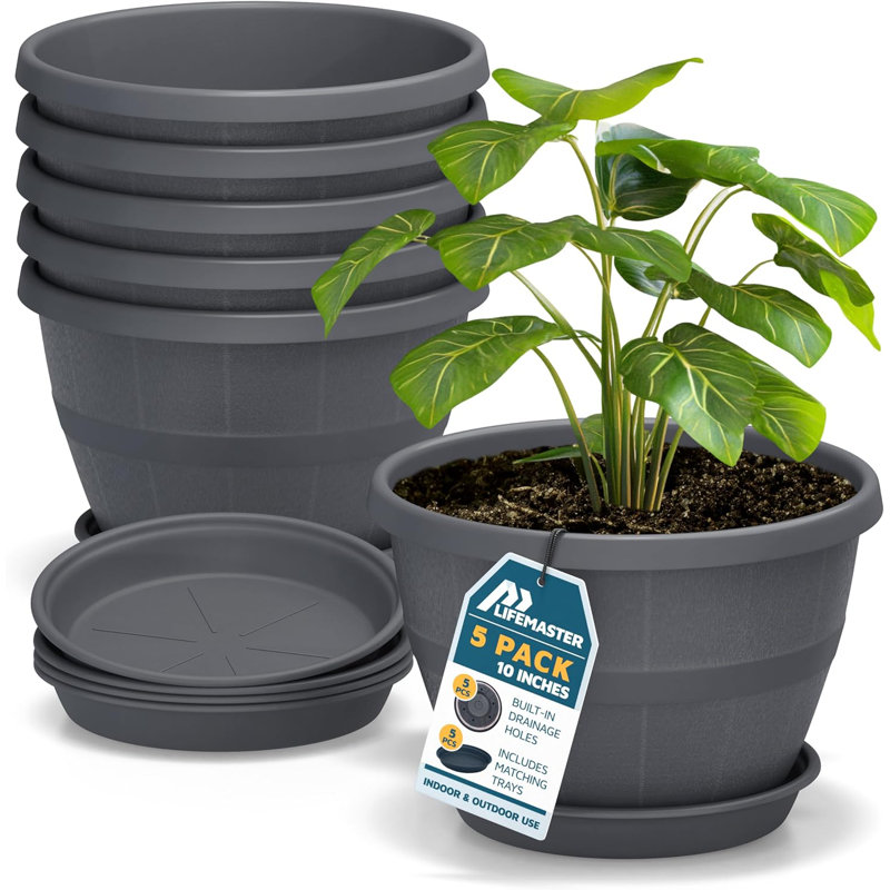 10-Inch Whiskey Barrel Planters Outdoor Pack of 5 - Durable Plastic Plant Pots for Indoor & Outdoor Use with Drainage & Saucer, Lightweight Rustic Barrel Planters for Flowers, Herbs & Small Plants