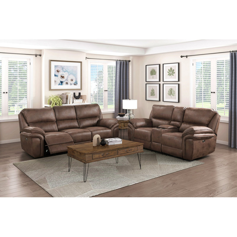 Ensemble de canapé de salon moelleux 2pc avec canapé inclinable électrique et causeuse en microfibre brun, Brun