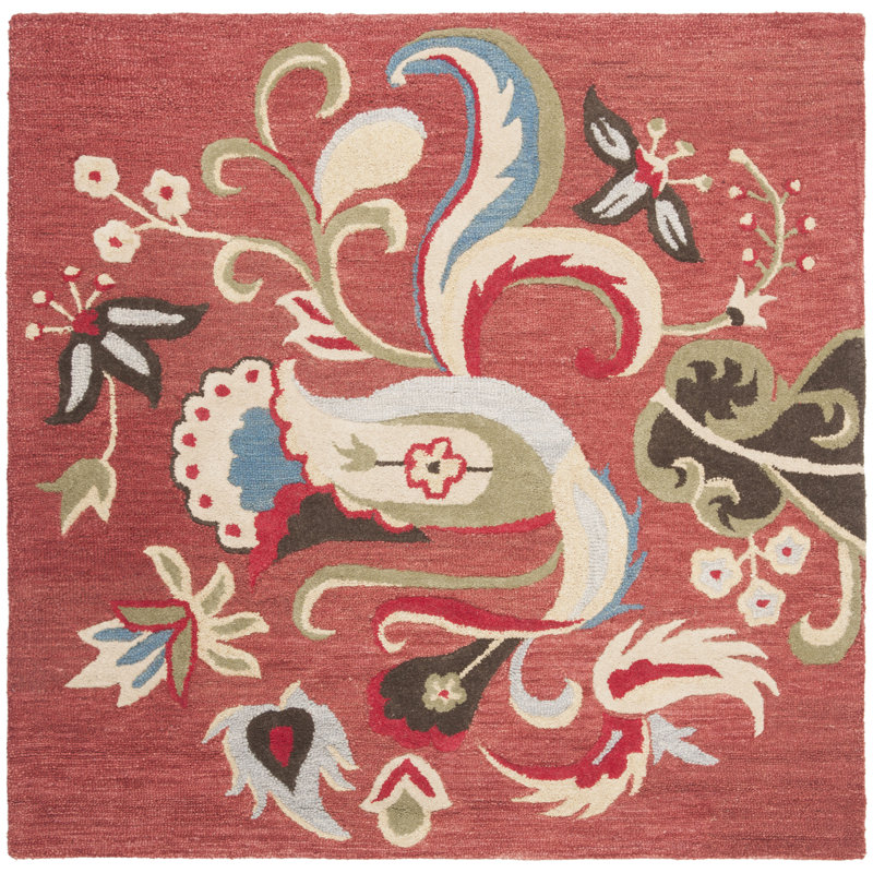 Tapis rouge en laine touffeté à la main Ferrera Jahiem, Carré 6 pi