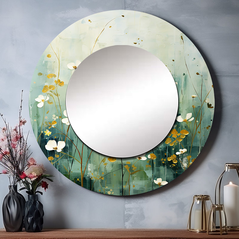 Gamaliel mauve Tranquil Oasis - miroir mural botanique, miroir décoratif rond moderne, impression d'art en métal