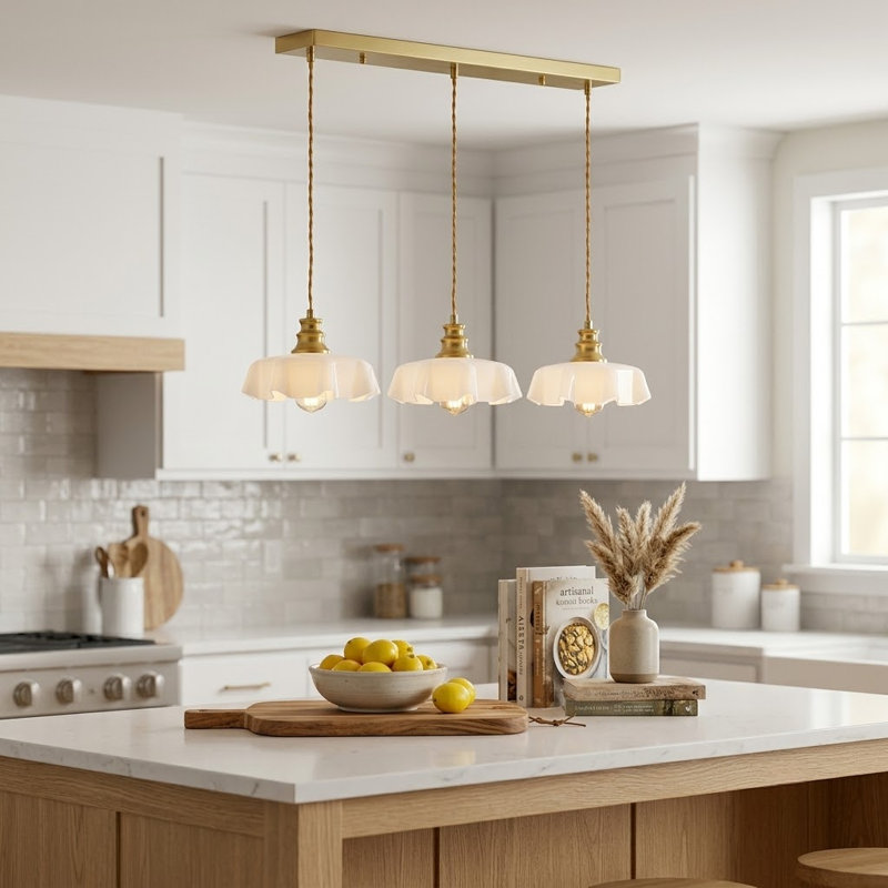 Luminaire suspendu 3 lumières pour îlot de cuisine, abat-jour en verre pétale blanc fabriqué à la main avec finition laiton brossé, luminaire de salle à manger réglable