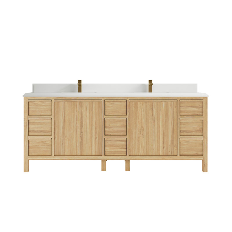 84'' Double Bathroom Vanity with Quartz Top, White, Light Brown