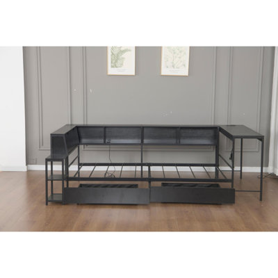 Corner Bed Frame Queen Size with Bookcase and 2 Underbed Storage Drawers, Modern Bed with LED Light and Charging Station, Left and Right Interchangeable