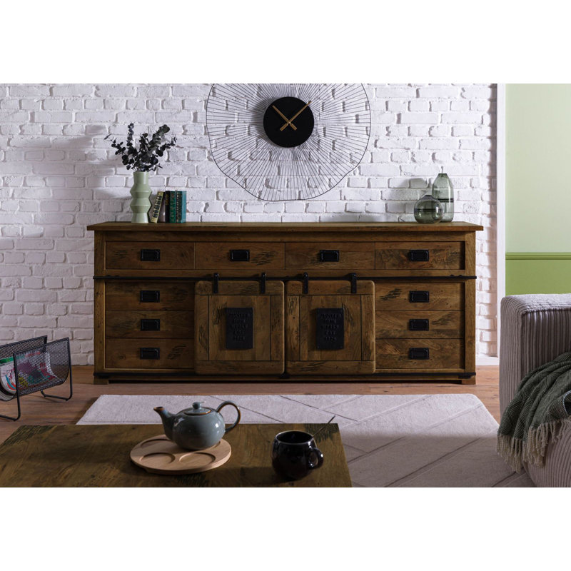 Railway 220cm Solid Wood Sideboard, Brown Lacquered