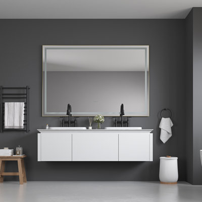 Miroir de salle de bain 60 po x 48 po à DEL avec façade et rétroéclairage, miroir de meuble-lavabo mural avec cadre en aluminium, antibuée, mémoire, 3 couleurs, gradation continue