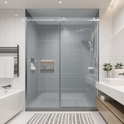 Portes de douche coulissantes simples sans cadre l 56 à 60 po x H 74 po, porte de douche coulissante pour salle de bain, porte en verre trempé Sgcc de 5/16 po (8 mm) d'épaisseur, chrome