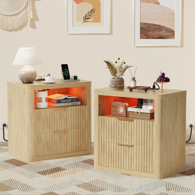 Table de chevet avec station de charge et lumières DEL, table de bout moderne robuste de 23 po de largeur avec 2 tiroirs et plateau épaissi, table de chevet pour chambre à coucher, salon