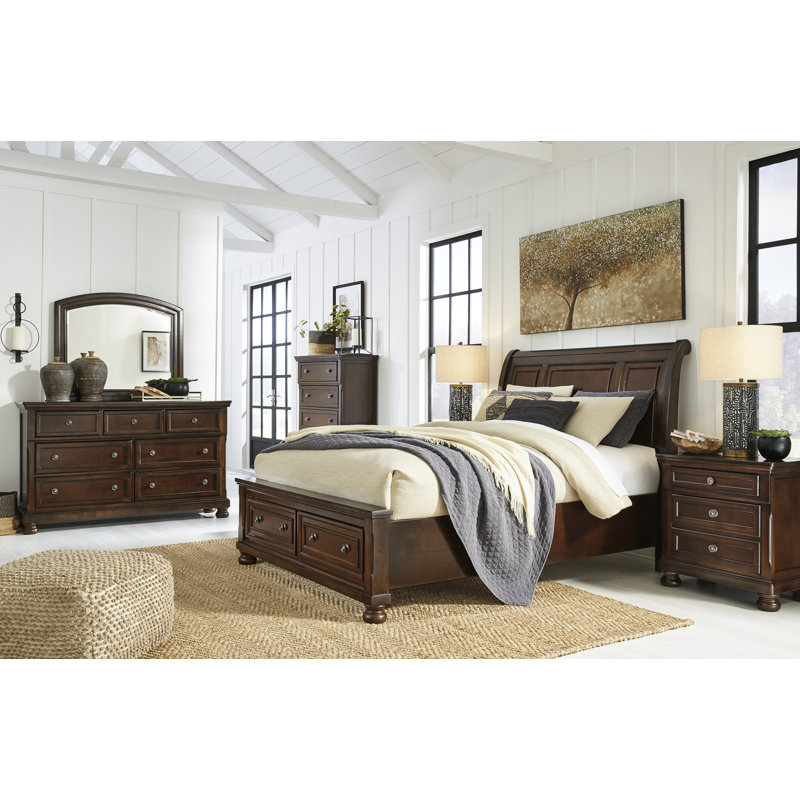 Lit-bateau, commode, miroir, commode et table de chevet Porter, Grand lit