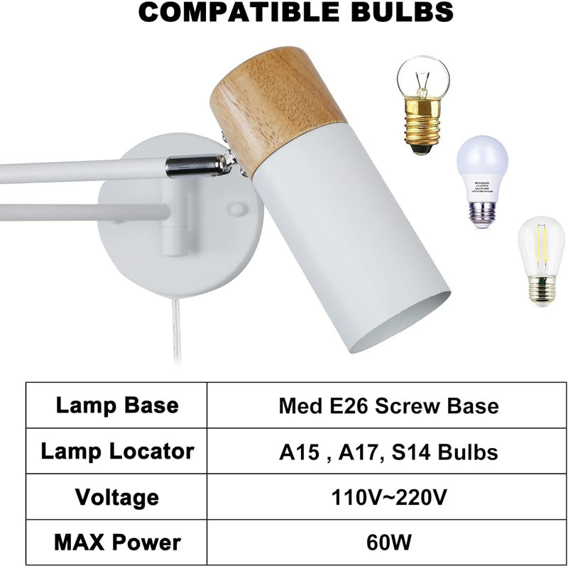 Modern Industrial Swing Arm Wall Lamp With Plug-In Cord, Adjustable Rotatable Lampshade For Bedroom, Living Room, Office, Reading And Working