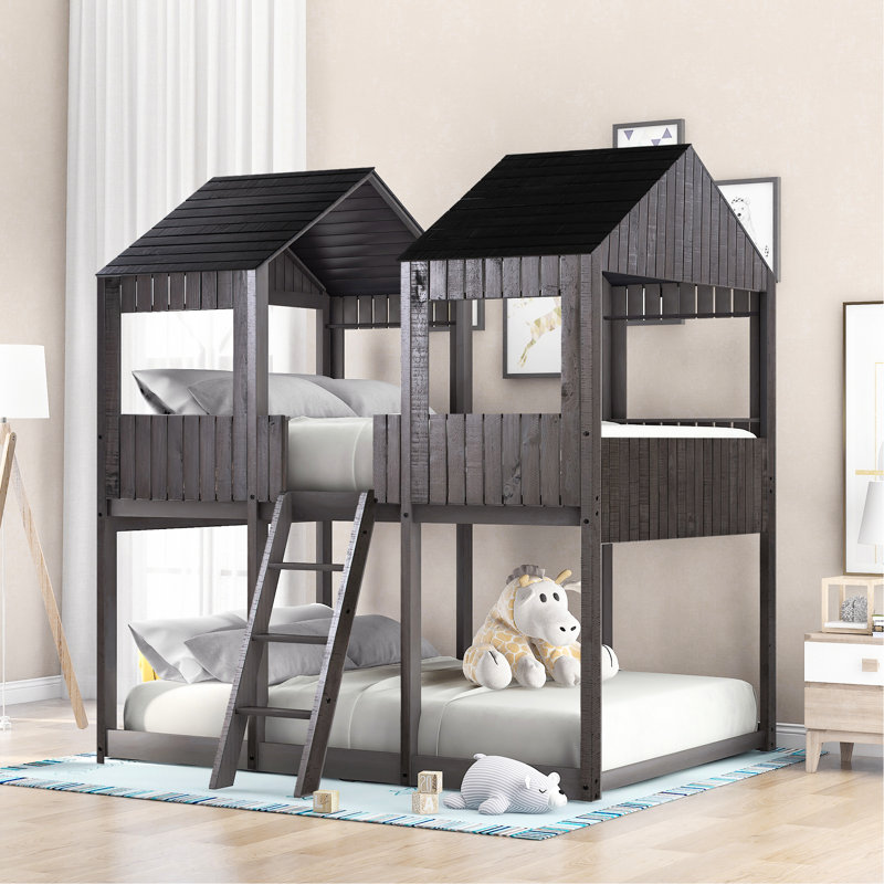 Lit superposé gris antique - résistant à une utilisation intensive avec toit et fenêtre, Antique Grey