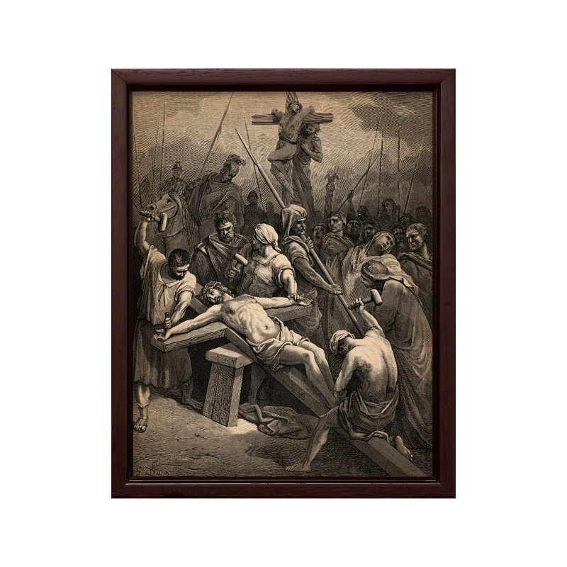 Crucifixion de Jésus, H 18 po x l 24 po, Canevas, Encadrement brun