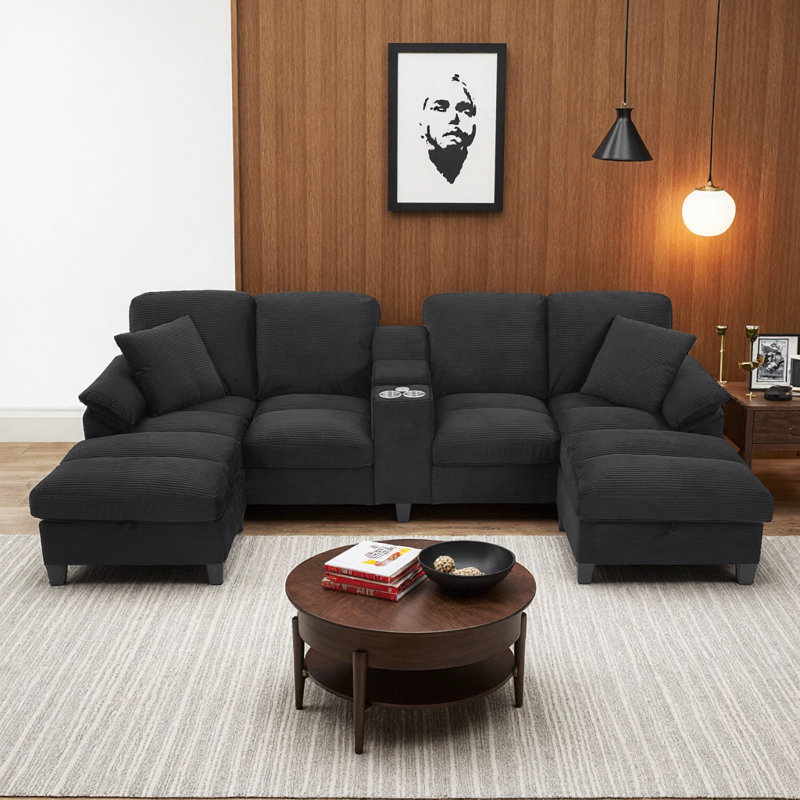 Modern U-Shaped Sectional Sofa with Storage Ottomans, Cup Holders & USB Ports, 116.9in, Black