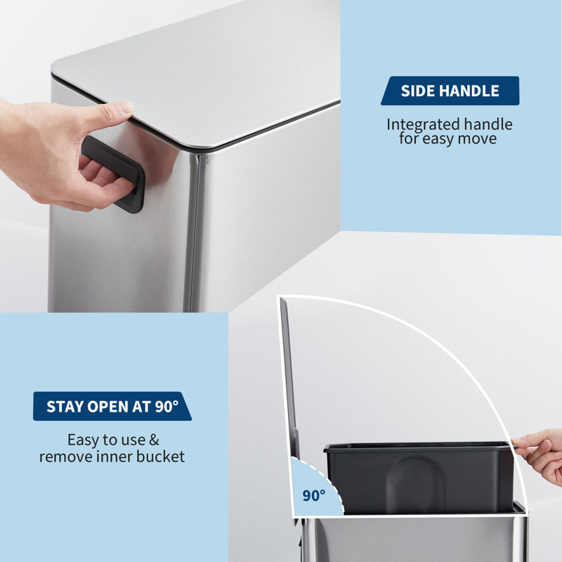 15 L Kitchen Step Trash Can, 4 Gallon Narrow Stainless Steel Waste Bin with Soft-Close Lid, Rectangle Rubbish Bin with Removable Inner Bucket