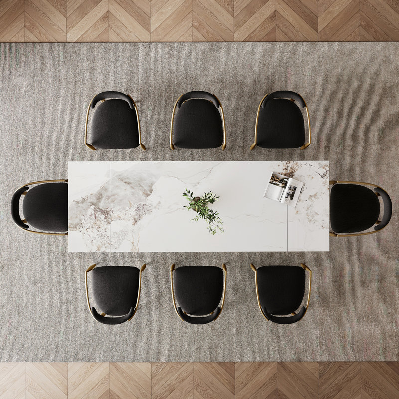 Ensemble de salle à manger 9 pièces avec chaises en tissu extensible 94,48 po Harison, Noir / or, Blanc montagne enneigée