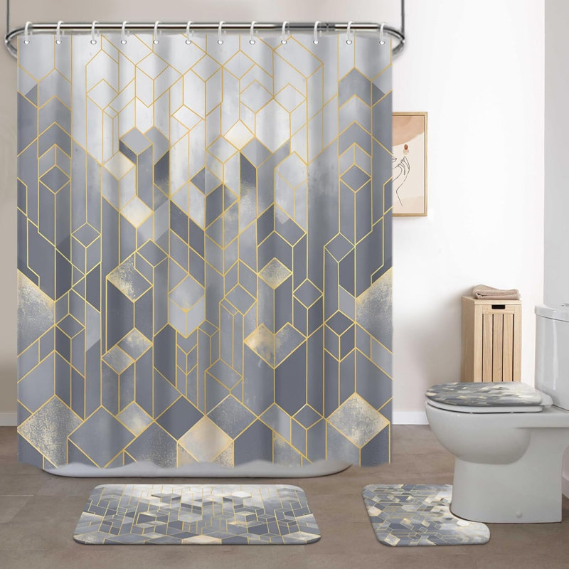 4 Piece Grey Gold Geometric Tile Bathroom Mat Kit