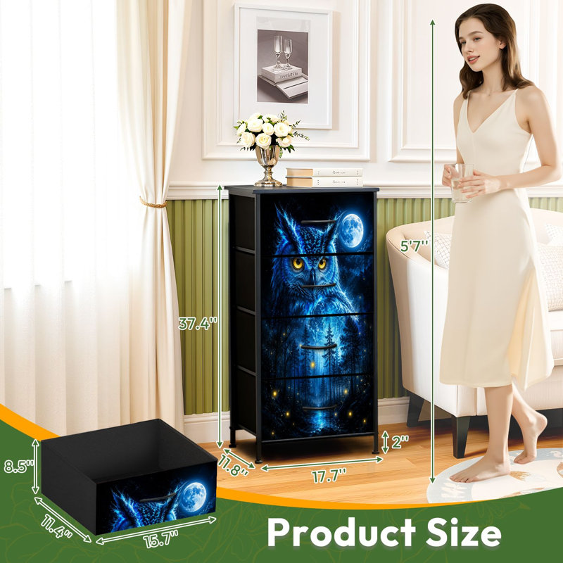 Commode à 4 tiroirs pour chambre à coucher Majestic Blue Owl Mystical Forest