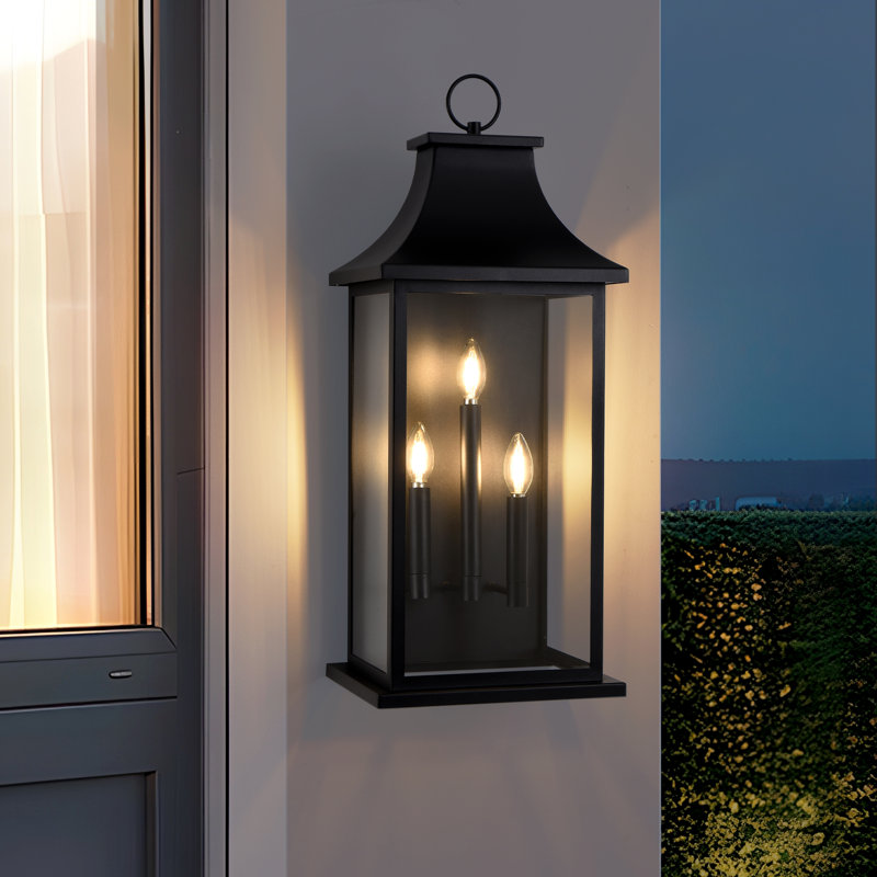 3 lumières 28 po Luminaire mural d'extérieur noir, lanterne murale imperméable, applique murale de porte de ferme câblée
