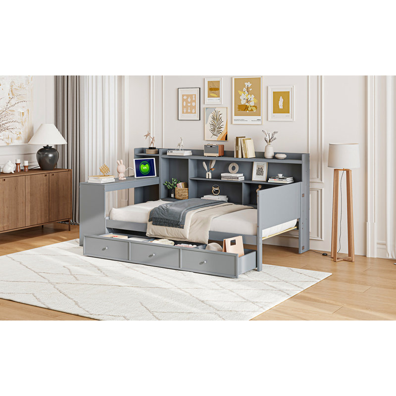 Lit de jour en bois avec 3 tiroirs de rangement et bureau - Bois de pin robuste pour une nuit de détente, Lit simple, Gris