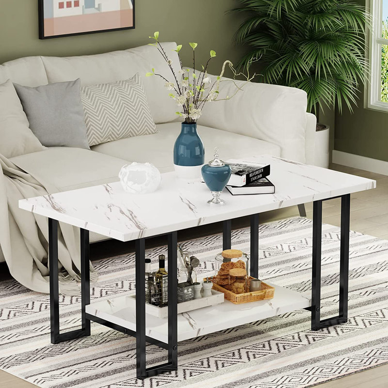 Marble Coffee Table, Faux Marble Top Rectangular Coffee Table With Metal Frame, 2 Tier Living Room Table For Living Room, Office, Balcony, 40 Inch