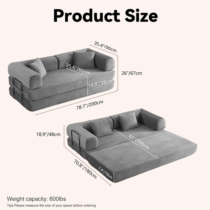 Canapé futon 2-en-1 pliable avec coussins amovibles, Blanc / gris antique