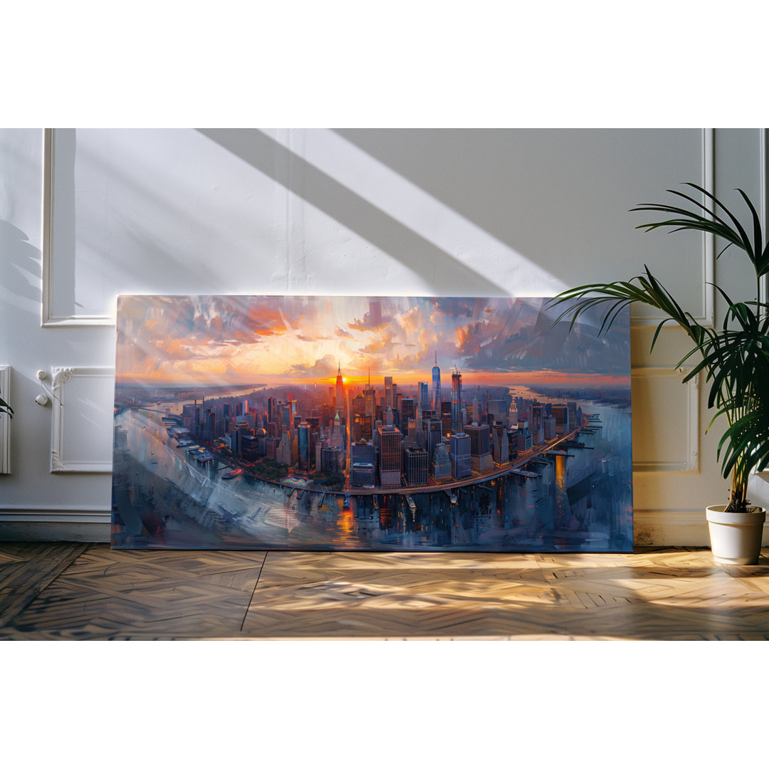 Bilder auf Leinwand 120x60cm Manhattan von Oben Kunstvoll Hochhäuser Sonnenuntergang