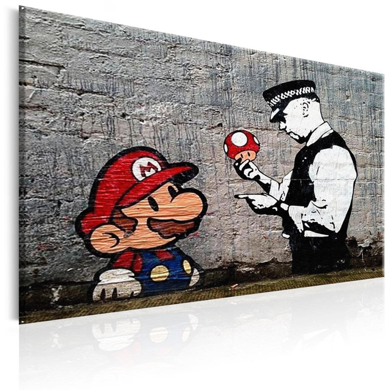 Banksy Mario et flic sur toile, H 16 po x l 24 po x P 0,7 po